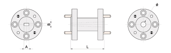A,Bは口径のE面とH面,φの値は円形導波管側の口径、Lはフランジを含めた導波管の長さです。いずれも対応表をご覧ください。