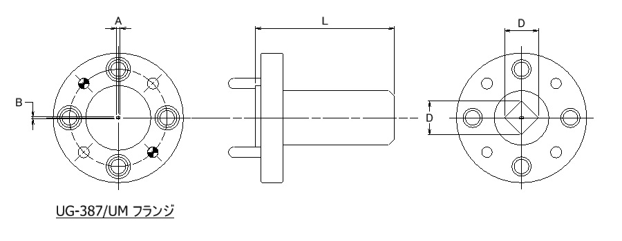 Dはホーン部のアンテナ径、Lはホーン部分を含めた導波路の長さ、A×Bはフランジ側の口径です。