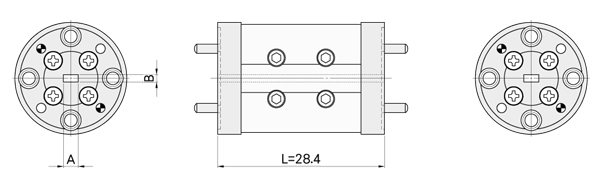 A,Bは口径のE面とH面,フランジを含めた導波管の長さは28.4mmが標準です。変更をご希望の際は寸法をご連絡ください。