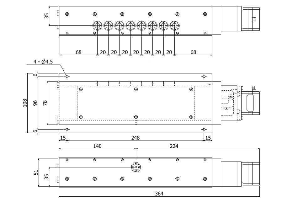 モーター込みでH108×W364×D51(mm)です。詳しい寸法はお問い合わせください。